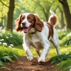 Glad Welsh Springer Spaniel springer i skogen. En nackdel kan vara att de kräver mycket motion.