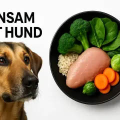 En hund tittar nyfiket på en skål med kyckling, ris, broccoli, spenat och morötter. En hälsosam måltid för din keso hund.