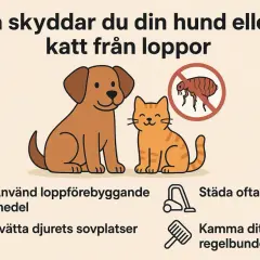 En glad hund och katt bredvid en skylt med en loppa och ett förbudstecken. Tips för att skydda ditt husdjur från hundloppor.