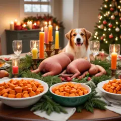 En glad hund tittar fram bakom ett julbord med sötpotatis och julskinka. Julgranen lyser i bakgrunden.
