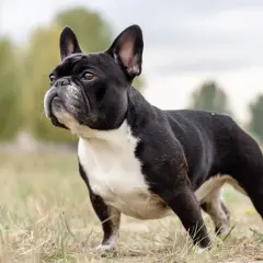 Svartvit fralla hund står i gräs med träd i bakgrunden.