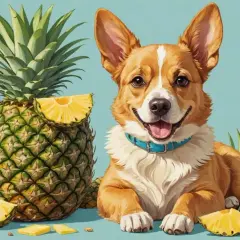 Glad corgi med ananas och ananasskivor.