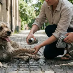 En person häller vatten på en hund som flåsar mycket på en kullerstensgata. Hunden ser ut att uppskatta svalkan.
