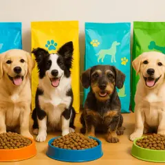 Fyra glada valpar redo för hundmat test. En labrador, en border collie, en tax och en till labrador sitter framför färgglada säckar med hundfoder.