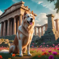 En ståtlig hund sitter bland blommor framför antika ruiner. En sann vän, så kan man kalla hund.
