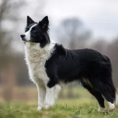 En border collie står i en grönskande äng, dess intelligenta blick och alerta hållning speglar dess berömda border collie temperament.