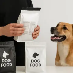 En glad hund tittar på en person som håller upp en påse hundfoder. Två påsar med "DOG FOOD" syns på bordet. En utfodringstabell hund kan finnas på påsen.