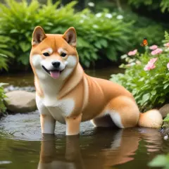 En glad shiba står i en bäck omgiven av grönska och blommor. Fjärilar fladdrar i bakgrunden. Inga problem här, bara ren glädje!