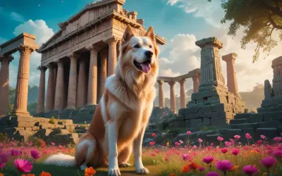 En ståtlig hund sitter bland blommor framför antika ruiner. En sann vän, så kan man kalla hund.