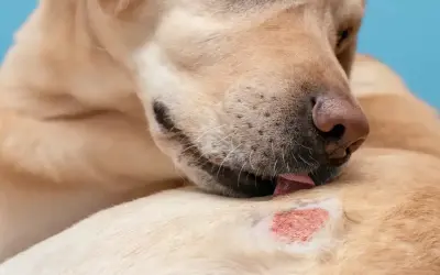 En hund slickar på ett irriterat hudområde, en hudåkomma som kan orsaka obehag.