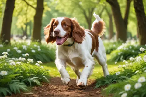 Glad Welsh Springer Spaniel springer i skogen. En nackdel kan vara att de kräver mycket motion.