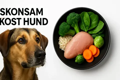 En hund tittar nyfiket på en skål med kyckling, ris, broccoli, spenat och morötter. En hälsosam måltid för din keso hund.