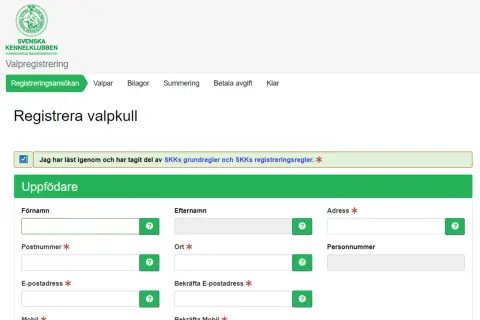 Registrera valpkull hos SKK. Fyll i uppgifter för uppfödare och valpar. Kostnad för registrering framgår senare.