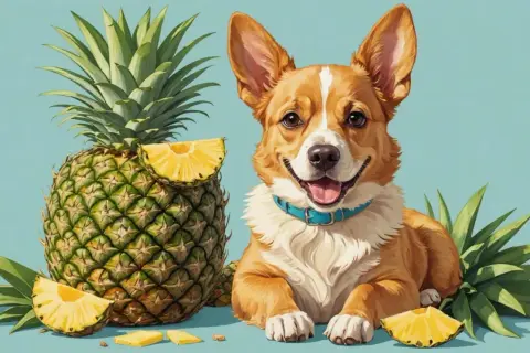 Glad corgi med ananas och ananasskivor.