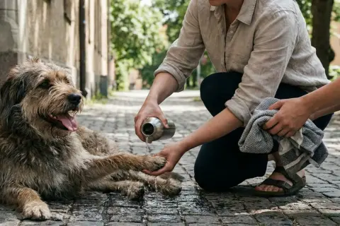 En person häller vatten på en hund som flåsar mycket på en kullerstensgata. Hunden ser ut att uppskatta svalkan.