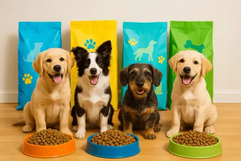 Fyra glada valpar redo för hundmat test. En labrador, en border collie, en tax och en till labrador sitter framför färgglada säckar med hundfoder.