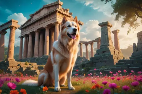 En ståtlig hund sitter bland blommor framför antika ruiner. En sann vän, så kan man kalla hund.