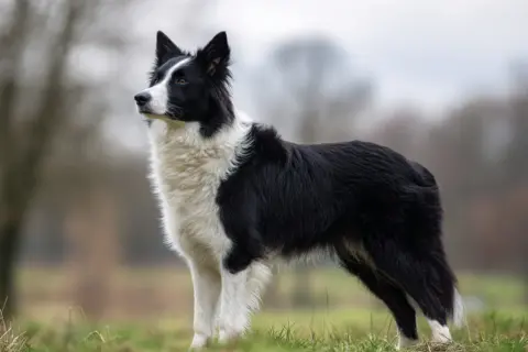En border collie står i en grönskande äng, dess intelligenta blick och alerta hållning speglar dess berömda border collie temperament.