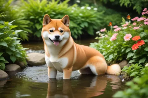 En glad shiba står i en bäck omgiven av grönska och blommor. Fjärilar fladdrar i bakgrunden. Inga problem här, bara ren glädje!