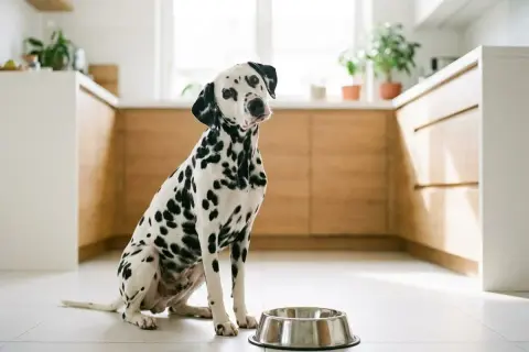 Dalmatiner sitter vid en tom matskål i ett modernt kök, redo för sitt spannmålsfria hundfoder bäst i test.