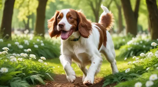 Glad Welsh Springer Spaniel springer i skogen. En nackdel kan vara att de kräver mycket motion.