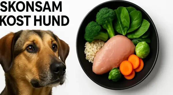 En hund tittar nyfiket på en skål med kyckling, ris, broccoli, spenat och morötter. En hälsosam måltid för din keso hund.