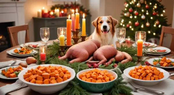 En glad hund tittar fram bakom ett julbord med sötpotatis och julskinka. Julgranen lyser i bakgrunden.