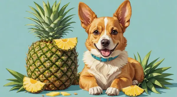 Glad corgi med ananas och ananasskivor.