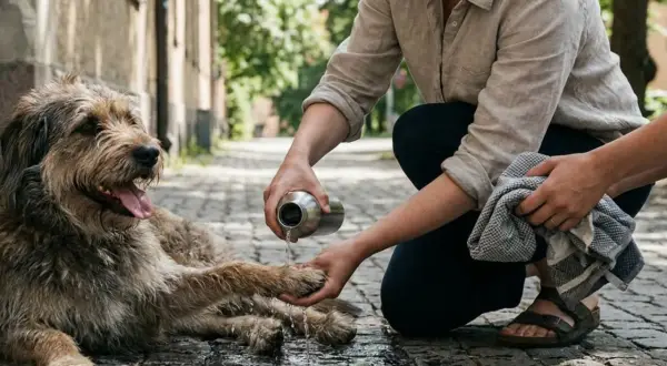 En person häller vatten på en hund som flåsar mycket på en kullerstensgata. Hunden ser ut att uppskatta svalkan.