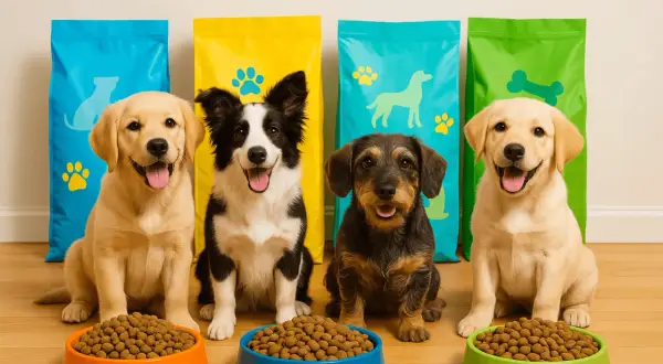 Fyra glada valpar redo för hundmat test. En labrador, en border collie, en tax och en till labrador sitter framför färgglada säckar med hundfoder.