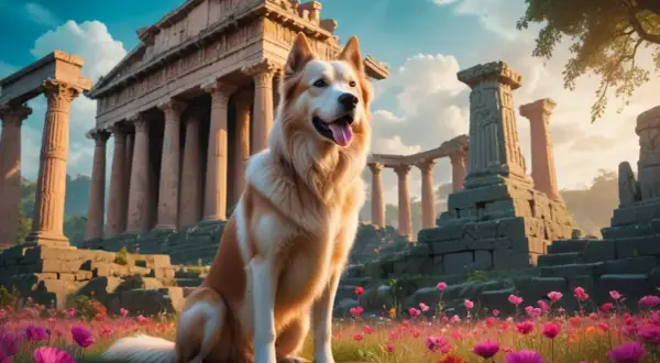 En ståtlig hund sitter bland blommor framför antika ruiner. En sann vän, så kan man kalla hund.