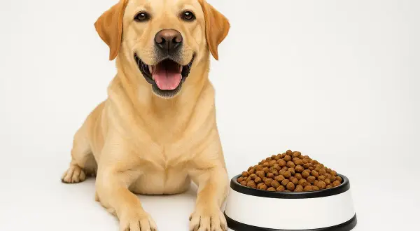 Glad labrador med skål full av hundmat. Tänk på hundmat protein per 100g för din fyrbenta vän.