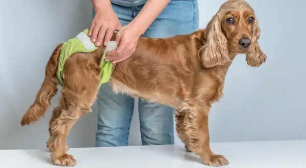 En person tar på en ljusgrön blöja på en brun hund. Hunden ser lite fundersam ut, som om den undrar varför den här hund åker på rumpan.