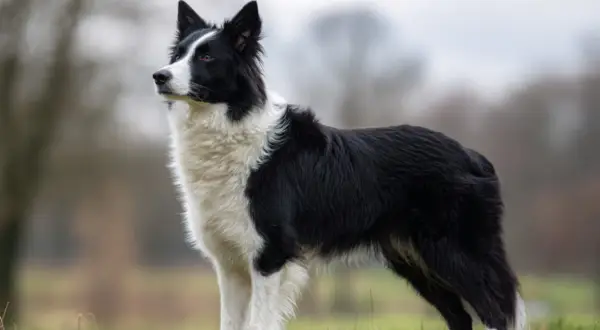 En border collie står i en grönskande äng, dess intelligenta blick och alerta hållning speglar dess berömda border collie temperament.