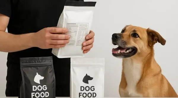 En glad hund tittar på en person som håller upp en påse hundfoder. Två påsar med "DOG FOOD" syns på bordet. En utfodringstabell hund kan finnas på påsen.