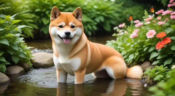 En glad shiba står i en bäck omgiven av grönska och blommor. Fjärilar fladdrar i bakgrunden. Inga problem här, bara ren glädje!