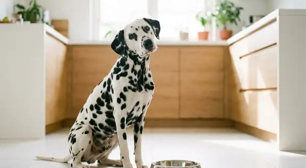Dalmatiner sitter vid en tom matskål i ett modernt kök, redo för sitt spannmålsfria hundfoder bäst i test.