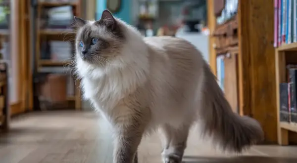 En vacker ragdoll vs birma katt med blå ögon står på ett trägolv.