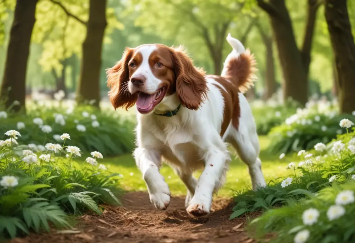 Glad Welsh Springer Spaniel springer i skogen. En nackdel kan vara att de kräver mycket motion.