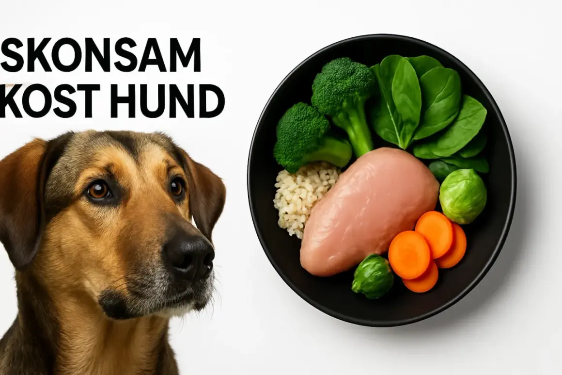 En hund tittar nyfiket på en skål med kyckling, ris, broccoli, spenat och morötter. En hälsosam måltid för din keso hund.