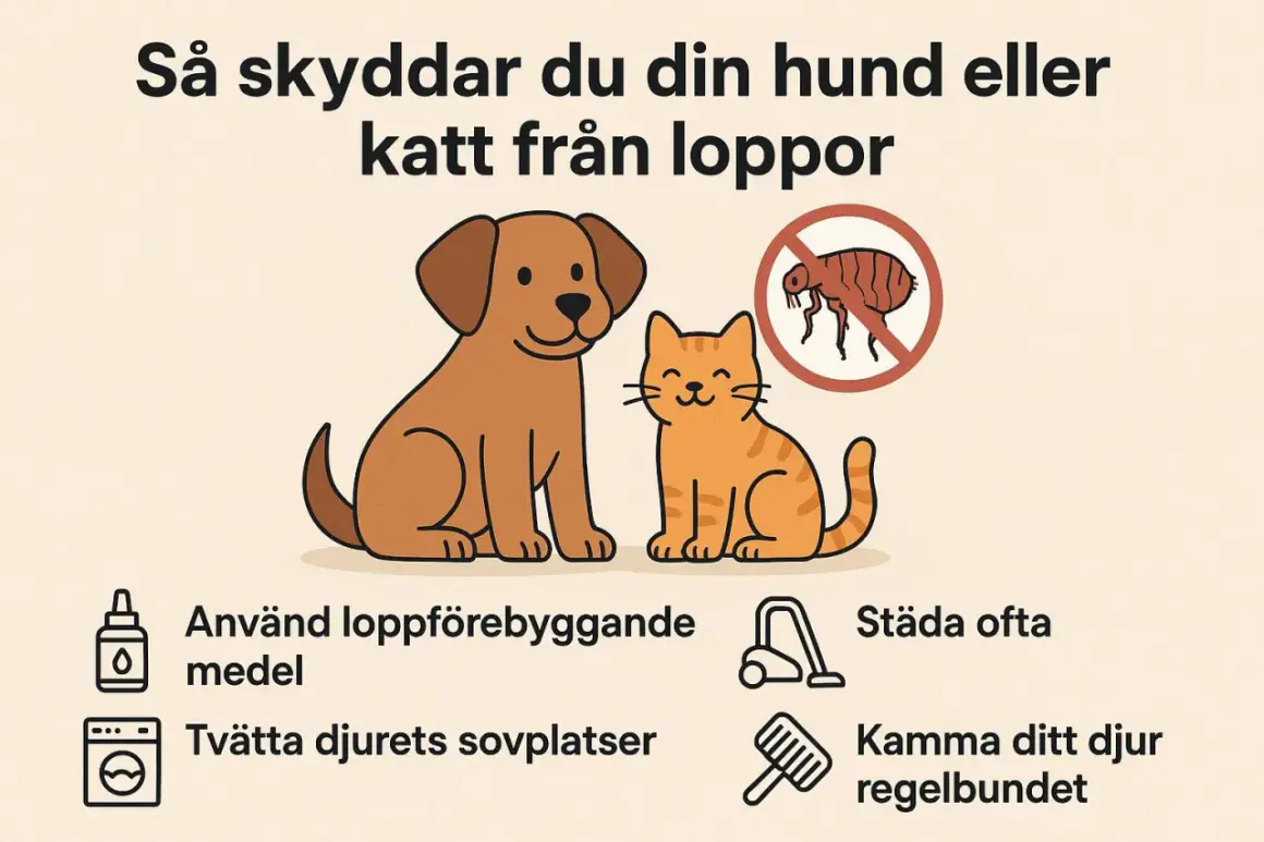 En glad hund och katt bredvid en skylt med en loppa och ett förbudstecken. Tips för att skydda ditt husdjur från hundloppor.