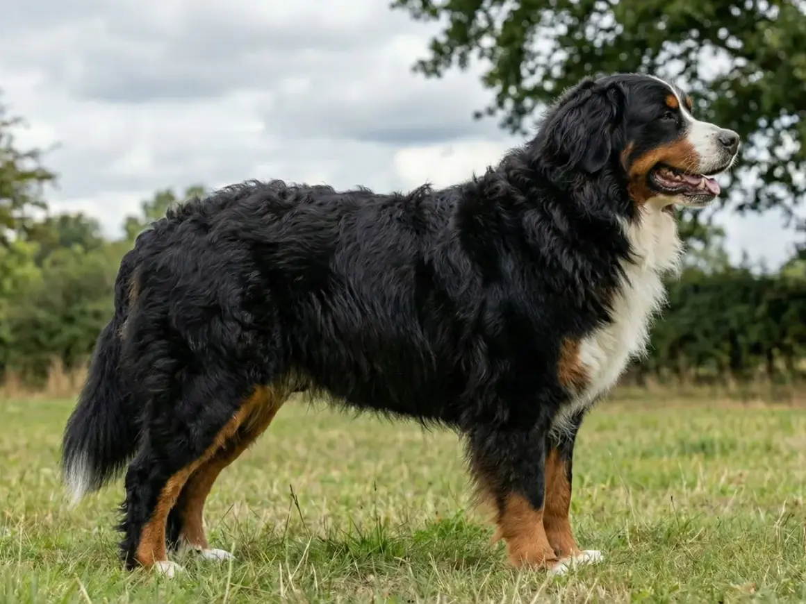En ståtlig berner sennen står i en grönskande äng. Hundens imponerande berner sennen vikt syns tydligt i dess kraftiga kroppsbyggnad.