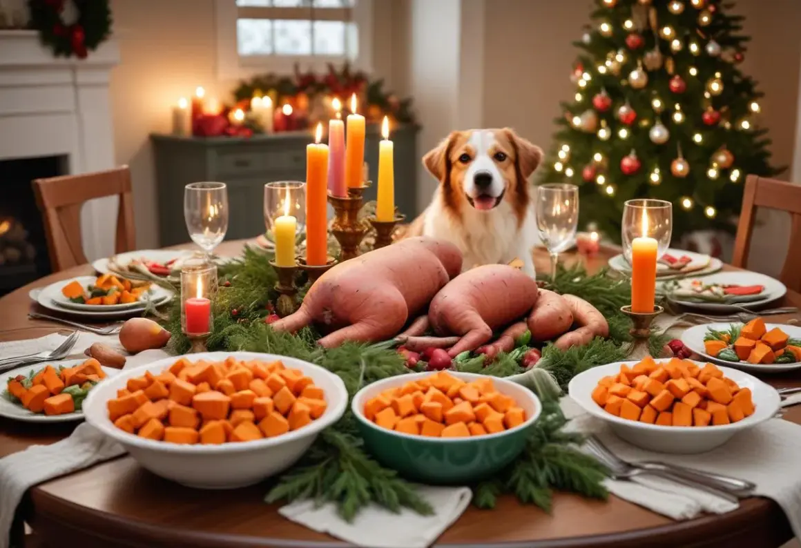 En glad hund tittar fram bakom ett julbord med sötpotatis och julskinka. Julgranen lyser i bakgrunden.