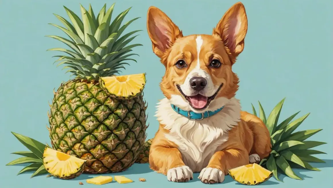Glad corgi med ananas och ananasskivor.