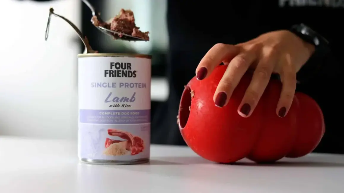 En burk med Four Friends Single Protein Lamm med ris, perfekt protein hundmat. En sked med mat lyfts ur burken, bredvid en röd leksak.