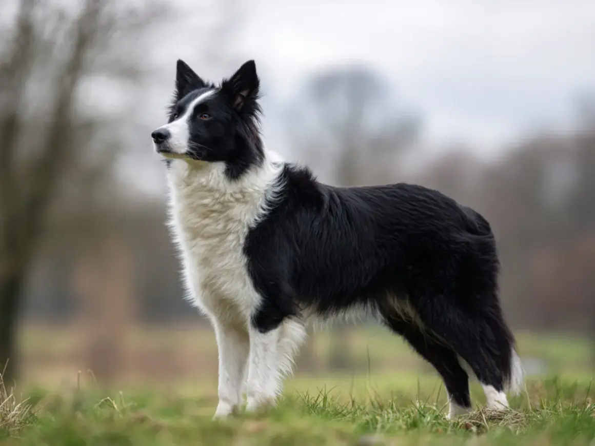 En border collie står i en grönskande äng, dess intelligenta blick och alerta hållning speglar dess berömda border collie temperament.