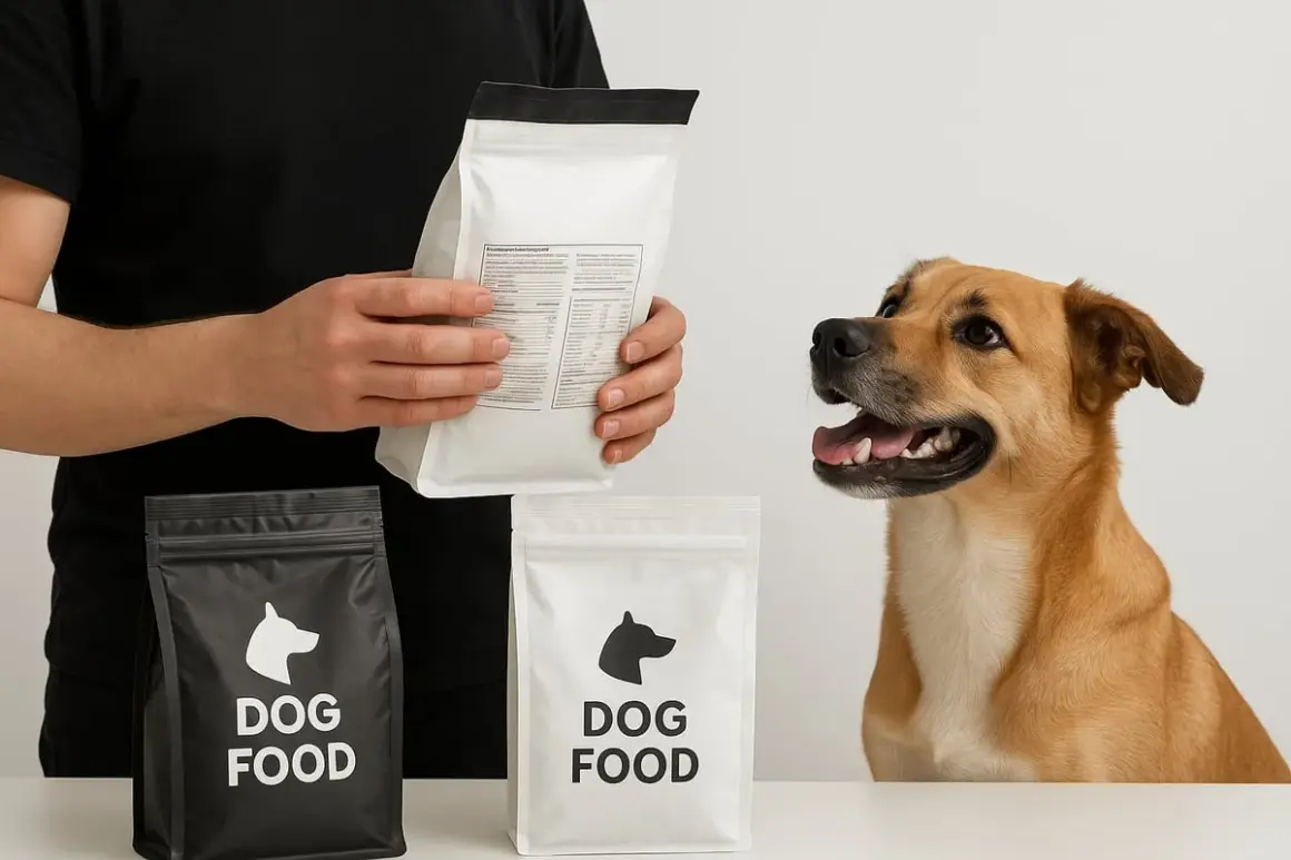 En glad hund tittar på en person som håller upp en påse hundfoder. Två påsar med "DOG FOOD" syns på bordet. En utfodringstabell hund kan finnas på påsen.