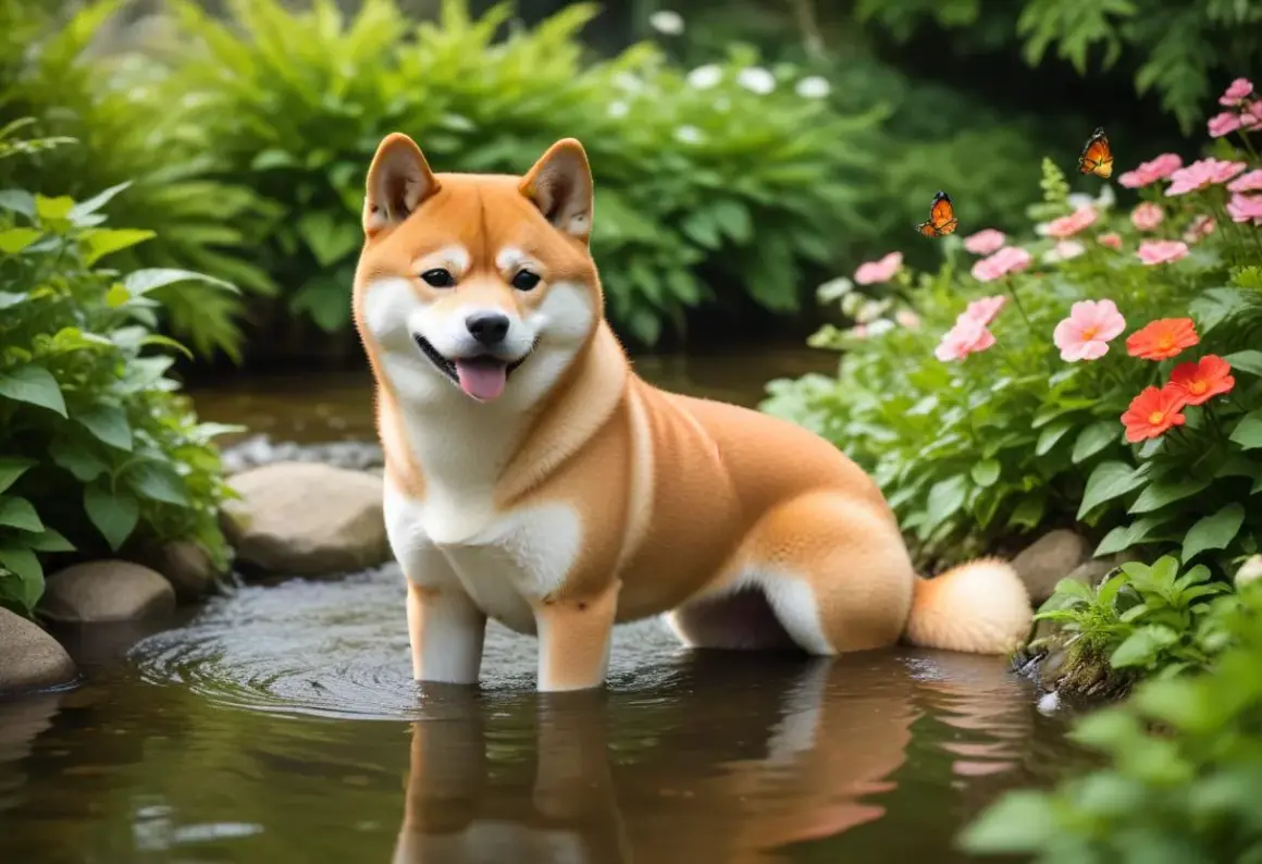 En glad shiba står i en bäck omgiven av grönska och blommor. Fjärilar fladdrar i bakgrunden. Inga problem här, bara ren glädje!