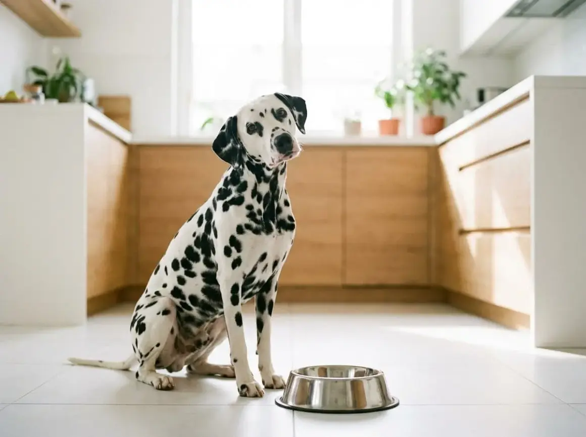Dalmatiner sitter vid en tom matskål i ett modernt kök, redo för sitt spannmålsfria hundfoder bäst i test.