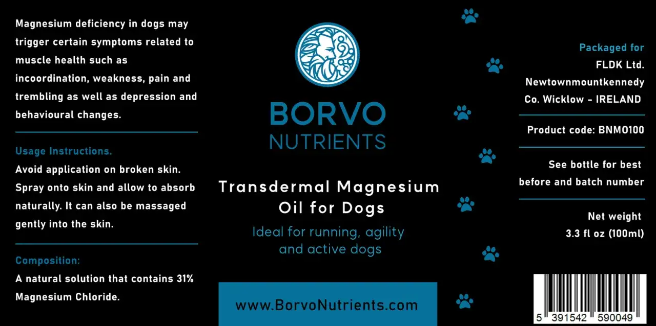 Borvo Nutrients Transdermal Magnesium Oil for Dogs. Hj&auml;lper vid muskelproblem, perfekt f&ouml;r aktiva hundar. Magnesium hund.